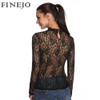 FINEJO Plus Size Sexy Slim Lace Hollow Out Black Blouse for Women - Long Sleeve Stand Collar Fashion Top