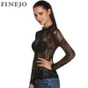 FINEJO Plus Size Sexy Slim Lace Hollow Out Black Blouse for Women - Long Sleeve Stand Collar Fashion Top