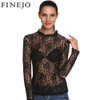 FINEJO Plus Size Sexy Slim Lace Hollow Out Black Blouse for Women - Long Sleeve Stand Collar Fashion Top
