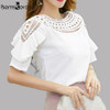 New Hot 2018 Women Summer Blouse Plus Size Short Sleeve Hollow Out Ruffles Blouses OL Work Sliod Women Ladies Top shirt White