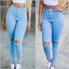 CWLSP 2017 Spring Skinny High waist Jeans Women Capris Knee Torn Hole Stretched Trousers Vintage Denim Ripped Jeans Pencil Pants
