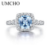 UMCHO Real S925 Sterling Silver Rings for Women Blue Topaz Ring Gemstone Aquamarine Cushion Romantic Gift Engagement Jewelry