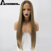 Anogol Natural High Temperature Fiber Long Silky Straight Blonde Ombre Dark Roots Synthetic Lace Front Wig For White Women