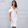 Adyce 2017 Sexy Women Bandage Dress White V Neck Short Sleeve Vestidos Ruffles Mid-Calf Length Celebrity Evening Party Dresses