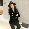 2017 New in  Fashion Women Midnight Navy Slim Velvet Blazer Jacket Double Breasted Simple Lady Blazers High Grade OL Clothing