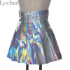 Lychee Punk Style Summer Women Harajuku Skirt Holographic Hologram Metallic Skirt Silver Pleated Mini Skirt Saia