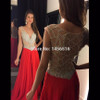 Sparkly Long Red Prom Dresses 2017 V-neck robe de bal Sequined Cap sleeve vestido de festa Beading Formal Evening Party Gowns