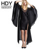 HDY Haoduoyi 2017 Autumn Fashion Womens Solid Black Flare Sleeve Chiffon Blouse Draw String Sexy Cheer Hollow Out Shirts