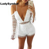 LadySymbol Off Shoulder Lace Summer Jumpsuit Romper Women V Neck Howllow Out Long Sleeve Backless White Playsuit Elegant Overall