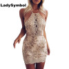 LadySymbol Elegant Gold Sexy Club Bodycon Dress Women Off Shoulder Summer Lace Casual Backless Halter Gauze Metallic Beach Dress