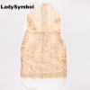 LadySymbol Elegant Gold Sexy Club Bodycon Dress Women Off Shoulder Summer Lace Casual Backless Halter Gauze Metallic Beach Dress