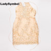 LadySymbol Elegant Gold Sexy Club Bodycon Dress Women Off Shoulder Summer Lace Casual Backless Halter Gauze Metallic Beach Dress