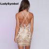 LadySymbol Elegant Gold Sexy Club Bodycon Dress Women Off Shoulder Summer Lace Casual Backless Halter Gauze Metallic Beach Dress