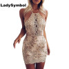 LadySymbol Elegant Gold Sexy Club Bodycon Dress Women Off Shoulder Summer Lace Casual Backless Halter Gauze Metallic Beach Dress