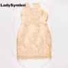 LadySymbol Elegant Gold Sexy Club Bodycon Dress Women Off Shoulder Summer Lace Casual Backless Halter Gauze Metallic Beach Dress