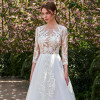 Dressv Ivory Long Wedding Dress Three Quarter Sleeves Jewel Neck A Line Appliques Lace Tulle Sweep Train Custom Wedding Dress