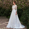 Dressv Ivory Long Wedding Dress Three Quarter Sleeves Jewel Neck A Line Appliques Lace Tulle Sweep Train Custom Wedding Dress