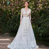 Dressv Ivory Long Wedding Dress Three Quarter Sleeves Jewel Neck A Line Appliques Lace Tulle Sweep Train Custom Wedding Dress