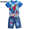 Retail spiderman kids clothing sets,fashion cartoon children summer shirt jeans shorts set, toddler boys clothing