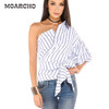 MOARCHO 2017 Summer Fashion Striped Women Blouses One Shoulder V-neck Half Puff Sleeve Casual Shirts Women Waist Slim Tops