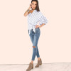 MOARCHO 2017 Summer Fashion Striped Women Blouses One Shoulder V-neck Half Puff Sleeve Casual Shirts Women Waist Slim Tops