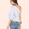 MOARCHO 2017 Summer Fashion Striped Women Blouses One Shoulder V-neck Half Puff Sleeve Casual Shirts Women Waist Slim Tops