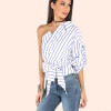 MOARCHO 2017 Summer Fashion Striped Women Blouses One Shoulder V-neck Half Puff Sleeve Casual Shirts Women Waist Slim Tops