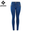 2020 Youaxon Women`s Fashion Plus Size Mid High Waist Ultra Stretch Zip Decor Navy Blue True Denim Skinny Jeans For Woman