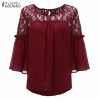 2018 ZANZEA Summer Women Chiffon Patchwork Lace Solid Shirts Casual Loose White Blouses Tops Plus Size Baggy Blusas Femininas