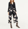 2017 New Black Flowing Printed Wide Leg Cropped Trousers - Red-crowned Crane Birds Printed Culottes With Side Zip Fastening