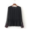 2017 Floral Embroidery Women Blouses O-Neck Long Sleeve Black Shirts Plus Size  Seersucker Chiffon Blouse BBWM16169