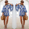 2017 Flare Sleeve Women Playsuits Tassel Rompers Women Jumpsuit Blue Floral Pattern Loose Lady Clothes Summer Beach Playsuit