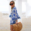 2017 Flare Sleeve Women Playsuits Tassel Rompers Women Jumpsuit Blue Floral Pattern Loose Lady Clothes Summer Beach Playsuit