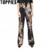 2017 Fashion Women Palazzo Pants Black Flower Elastic Waist Drawstring Causal Pants Wide Leg Pant Vintage Women Clothing PT140