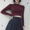 2017 New Stripe T-shirt Women Thin Short Slim Semi Turtleneck Long Sleeve T Shirts Kpop Harajuku Sexy Female Tops Clothes Autumn