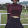 2017 New Stripe T-shirt Women Thin Short Slim Semi Turtleneck Long Sleeve T Shirts Kpop Harajuku Sexy Female Tops Clothes Autumn