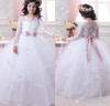 Long Sleeve First Communion Dress for Girls 2017 Lace Ball Gown Flower Girl Dresses White Cheap Pageant Gowns