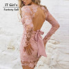 2017 vintage long sleeve v-neck bandage dress black pink red simple lace hollow sexy halter party dresses plus size women dress