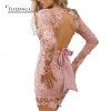 2017 vintage long sleeve v-neck bandage dress black pink red simple lace hollow sexy halter party dresses plus size women dress