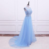 LANSITINA Sexy O-Neck A-Line Sweep Train Tulle Lace Evening Dress Bare Back Cheap Prom Dresses Robe De Soiree Party Dress