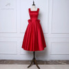 LANSITINA Tea-Length New Dark Red A-Line Evening Dresses Square Collar Satin Custom Made Prom Party Gown With A Big Bow