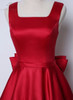 LANSITINA Tea-Length New Dark Red A-Line Evening Dresses Square Collar Satin Custom Made Prom Party Gown With A Big Bow