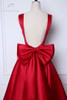 LANSITINA Tea-Length New Dark Red A-Line Evening Dresses Square Collar Satin Custom Made Prom Party Gown With A Big Bow