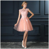LANSITINA Mini Lace Prom Dress Customized Fashion O-Neck Tull Party Gown Dresses With Cap Sleeves