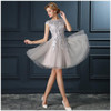 LANSITINA Mini Lace Prom Dress Customized Fashion O-Neck Tull Party Gown Dresses With Cap Sleeves
