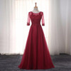 LANSITINA Elegant O-Neck A-Line Sweep Train Lace Evening Dress Cheap Prom Dresses Robe De Soiree Party Dress With Half Sleeves