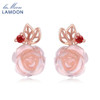 LAMOON Fine Jewelry Rose Flower Stud Earrings Natural Gemstone Rose Quartz 925 Sterling Silver Noble Design Wedding Earrings