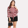 LALAIKAI Plus Size XL 2XL 3XL 4XL 5XL Blouse Women Ring Belt Pocket Office White Red Striped Blouses Work Tee Shirts SWA1311-47