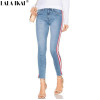 LALA IKAI Side Stripe Jeans Woman High Waist Jeans Denim Full Length Female Pencil Pant Skinny Vintage Jeans Mujer KWA0282-45