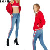 LALA IKAI Side Stripe Jeans Woman High Waist Jeans Denim Full Length Female Pencil Pant Skinny Vintage Jeans Mujer KWA0282-45